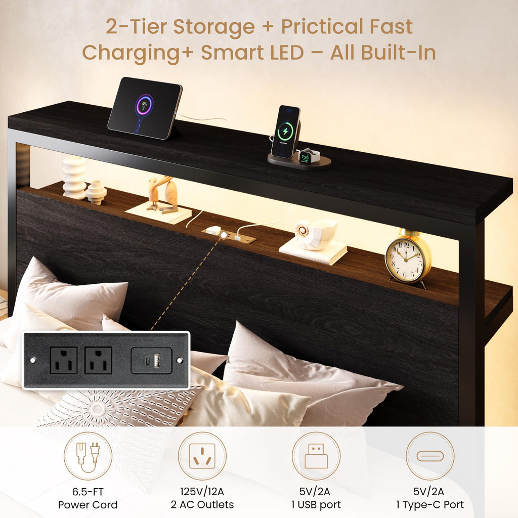 Full Bed Frame with 2-Tier Storage Headboard F570319