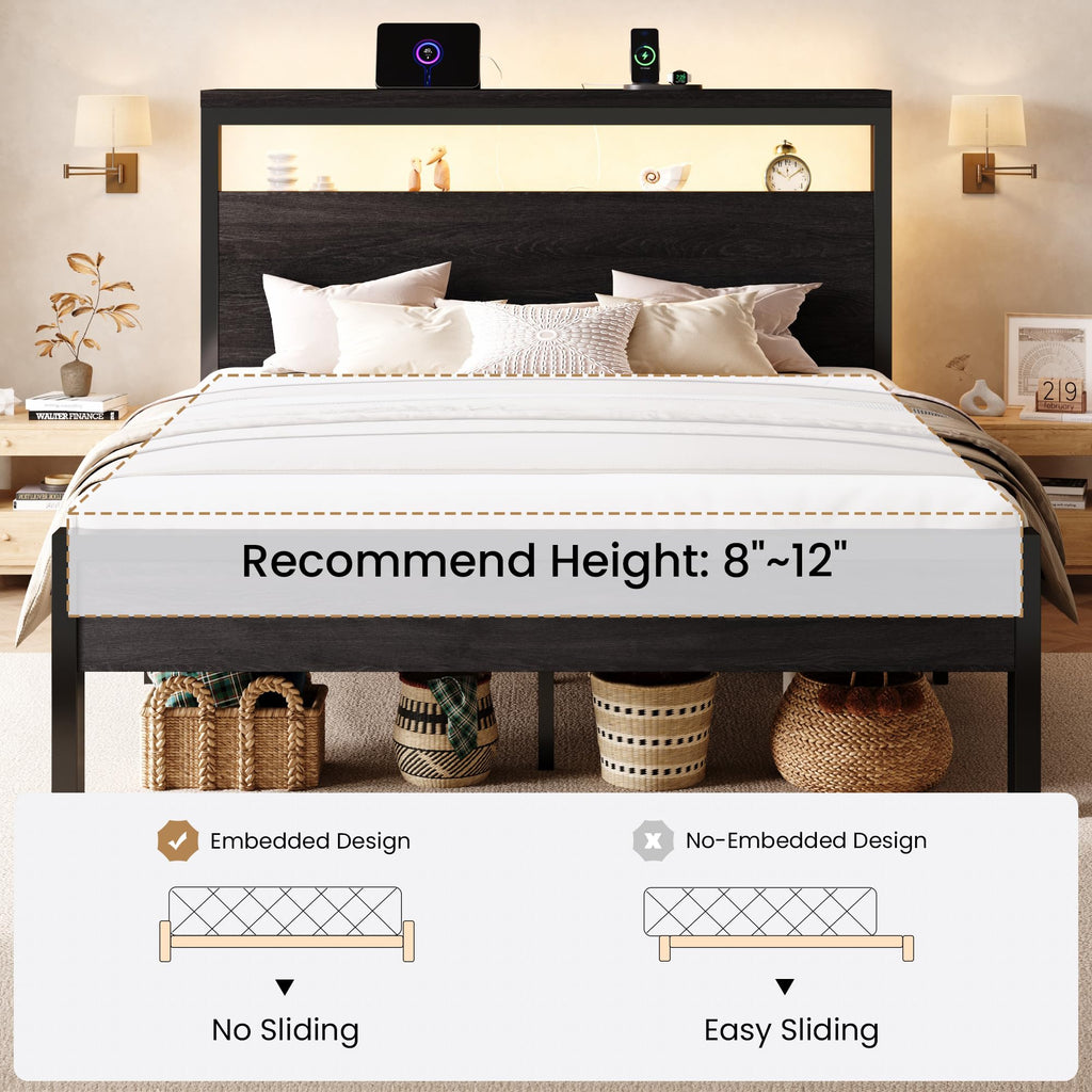 Full Bed Frame with 2-Tier Storage Headboard F570319