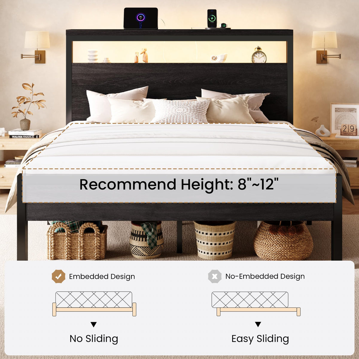 Full Bed Frame with 2-Tier Storage Headboard F570319