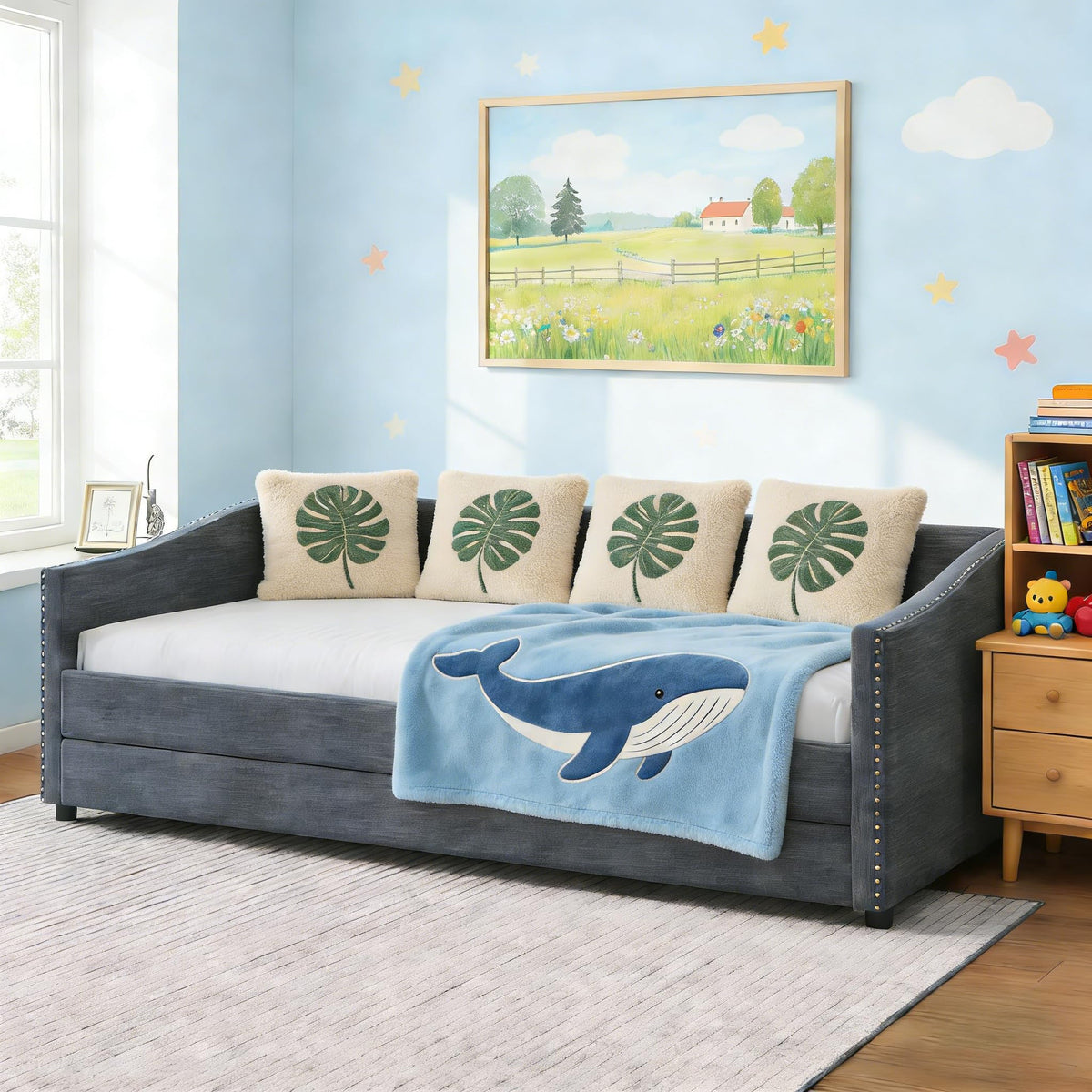 Twin Size Upholstered Daybed Frame with Trundle, Dark Grey F41795