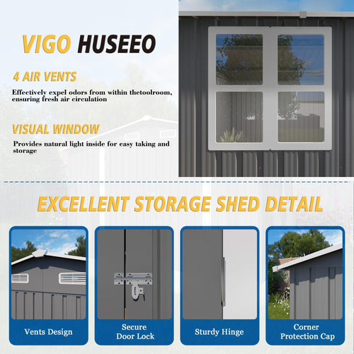 10x14x6.7FT Galvanized Steel Outdoor Storage Shed with Lockable Door & Window T303