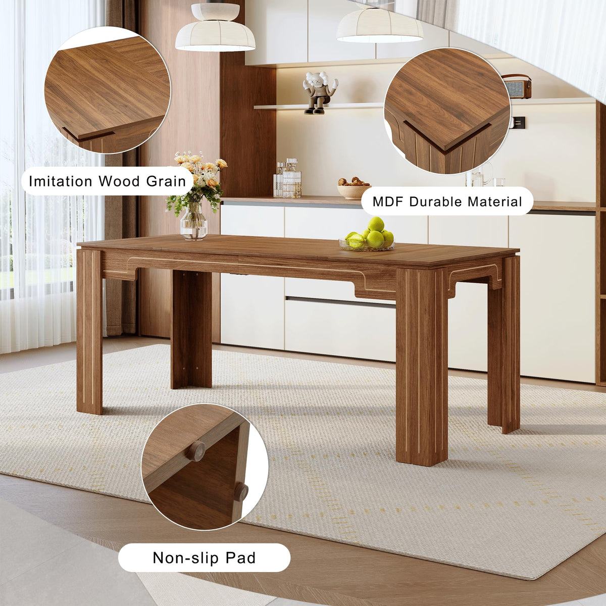 Walnut Dining Table Set with 8 Brown Fabric Chairs I894626