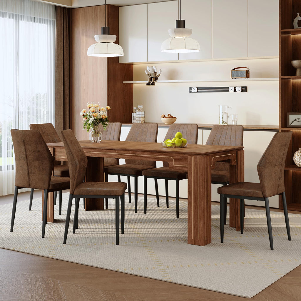 Walnut Dining Table Set with 8 Brown Fabric Chairs I894626