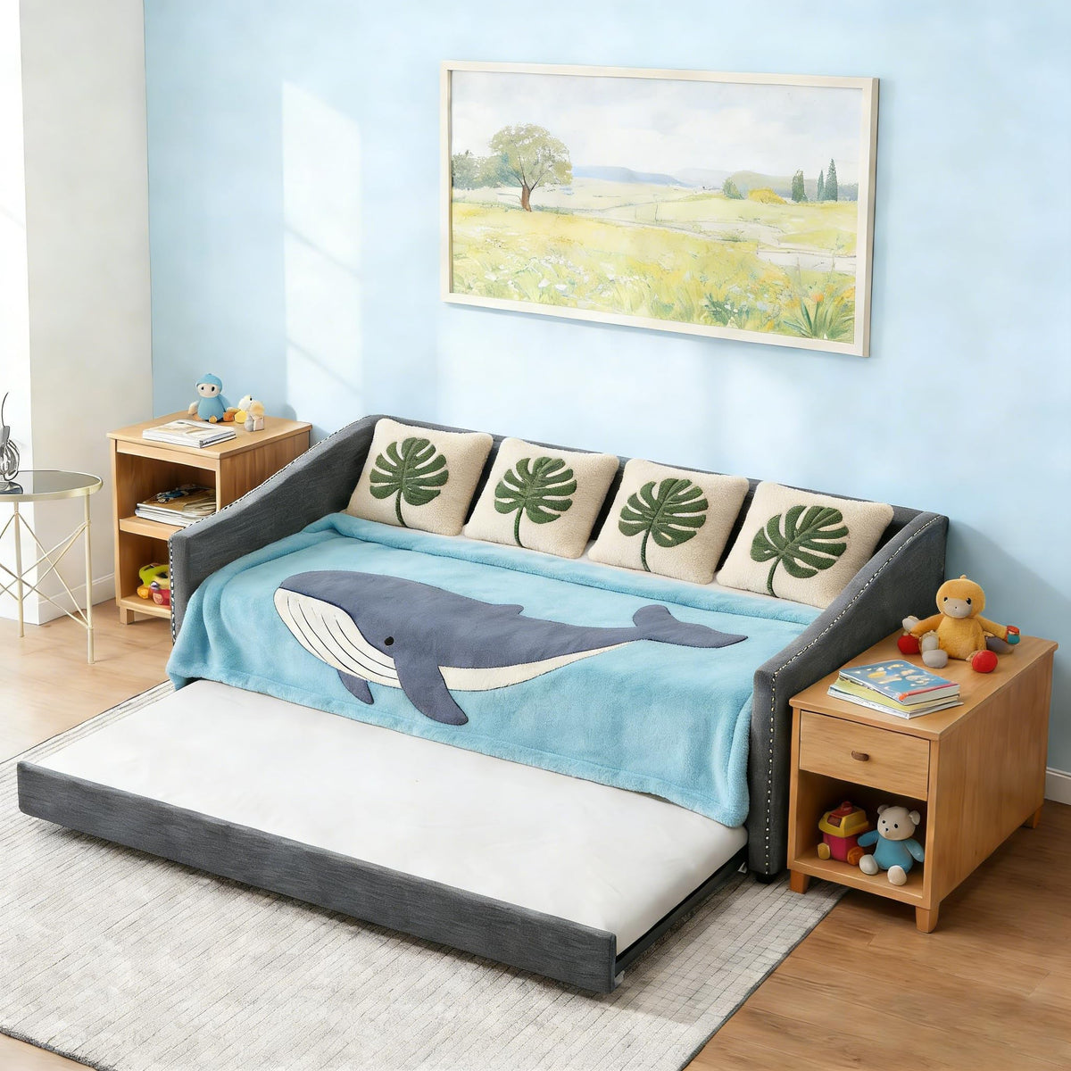 Twin Size Upholstered Daybed Frame with Trundle, Dark Grey F41795