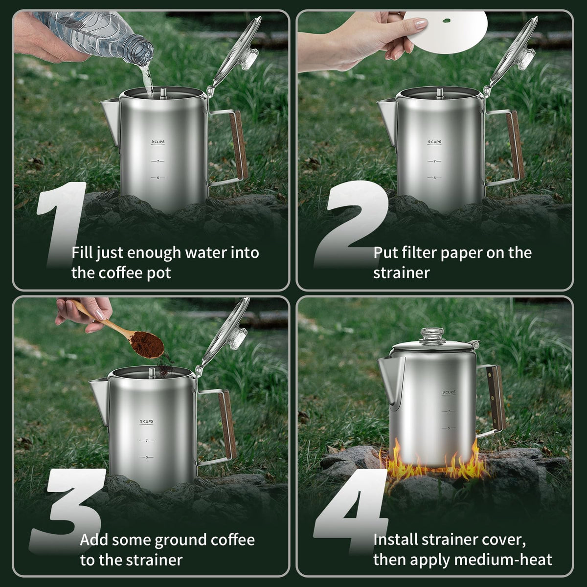 9 Cups Stainless Steel Coffee Percolator with 100pcs Coffee Filters U52988