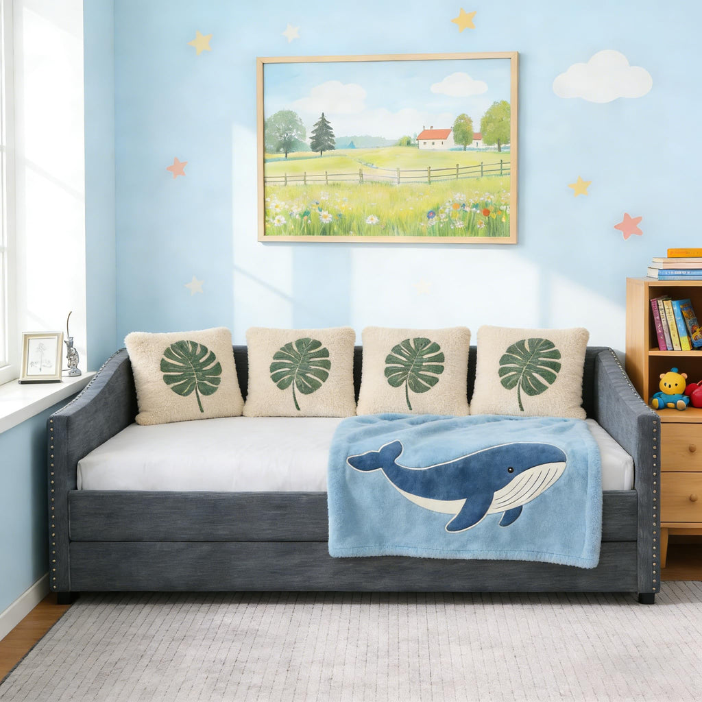 Twin Size Upholstered Daybed Frame with Trundle, Dark Grey F41795