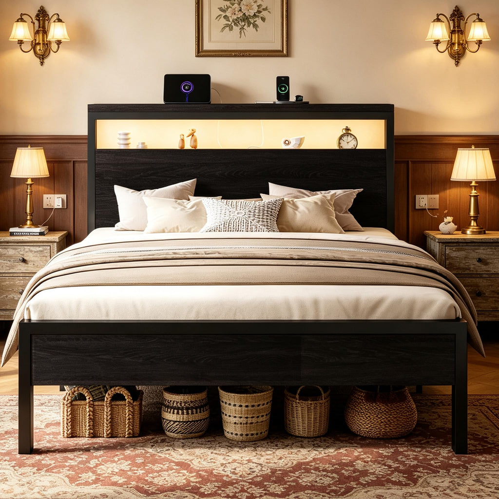 Full Bed Frame with 2-Tier Storage Headboard F570319