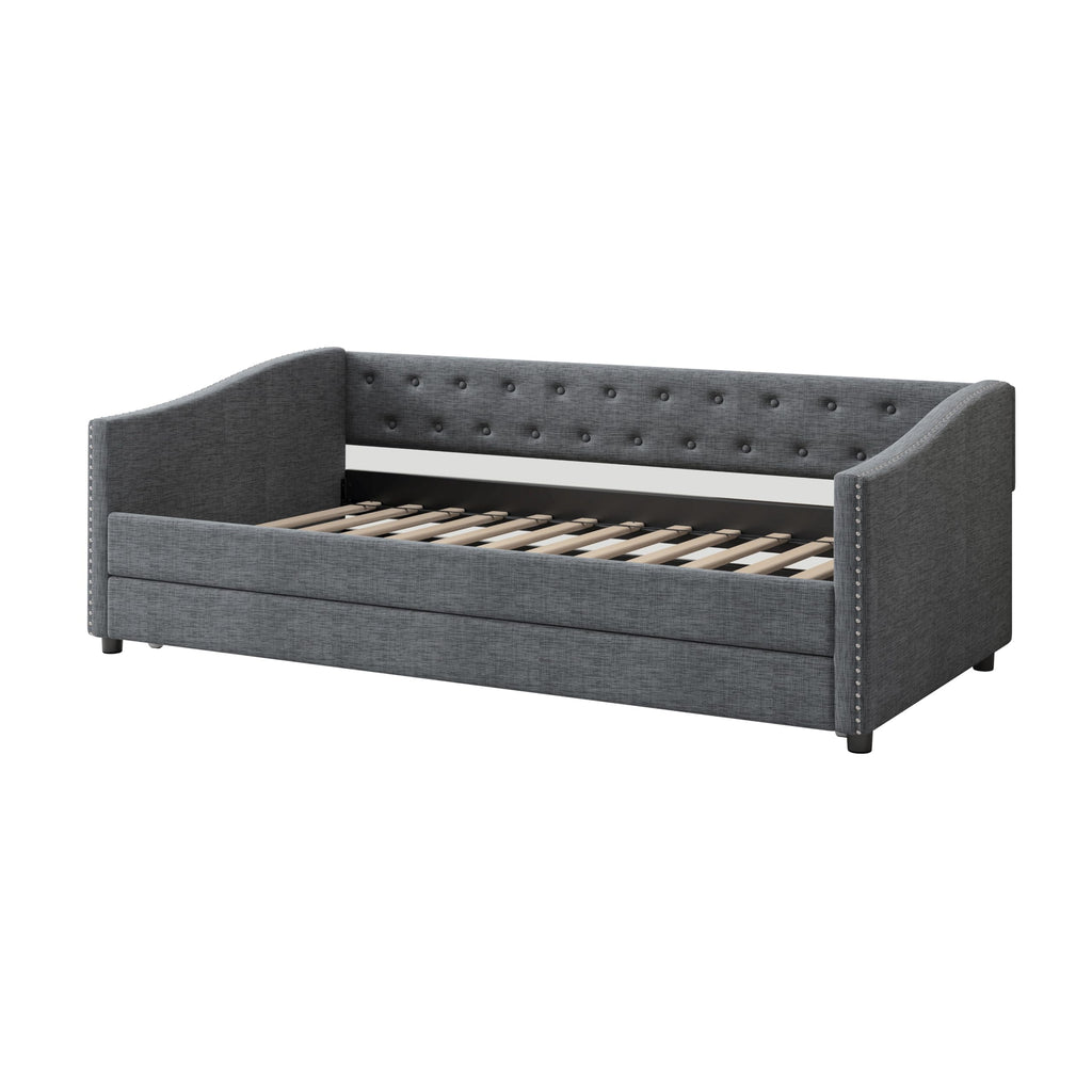 Twin Size Upholstered Daybed Frame with Trundle, Dark Grey F41795