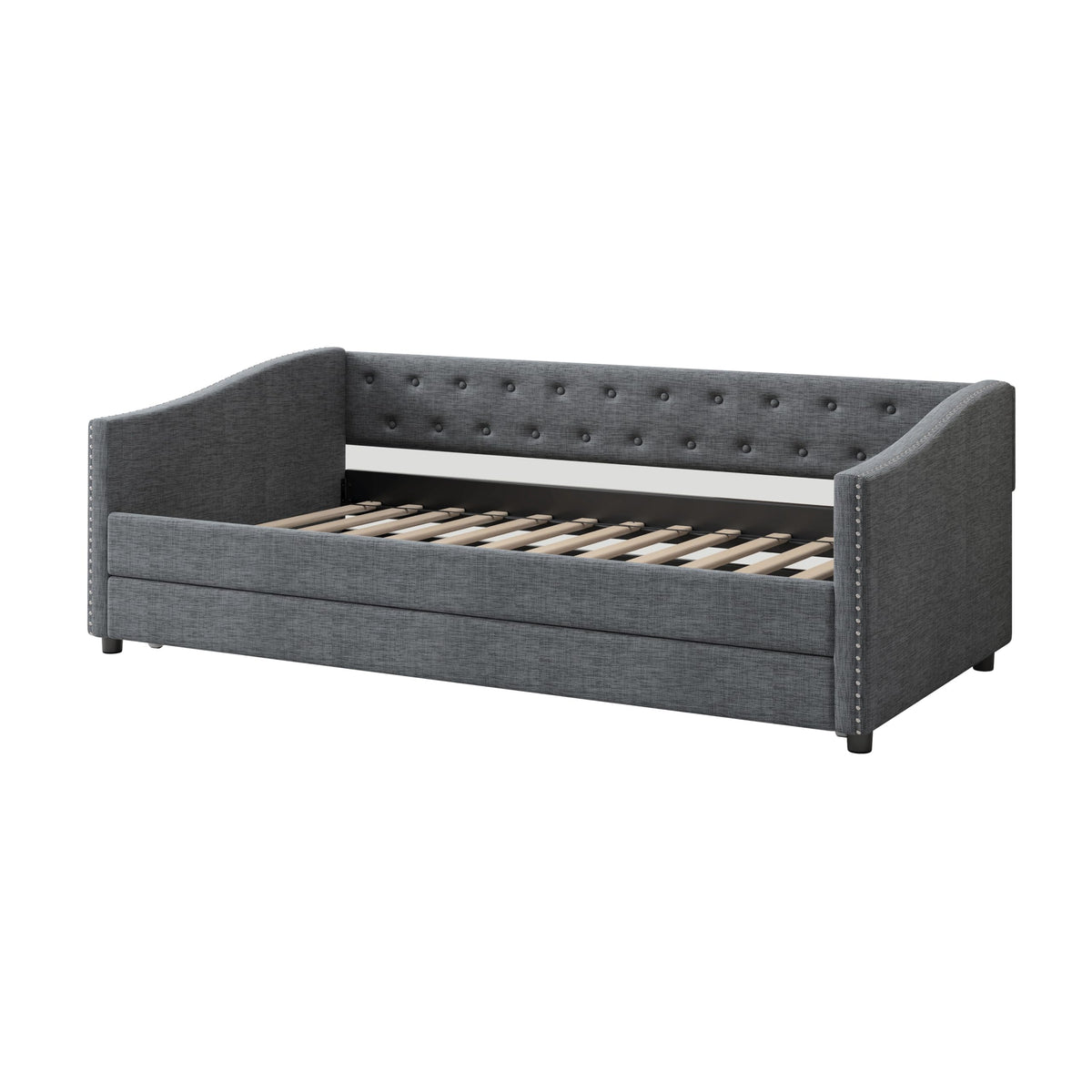 Twin Size Upholstered Daybed Frame with Trundle, Dark Grey F41795