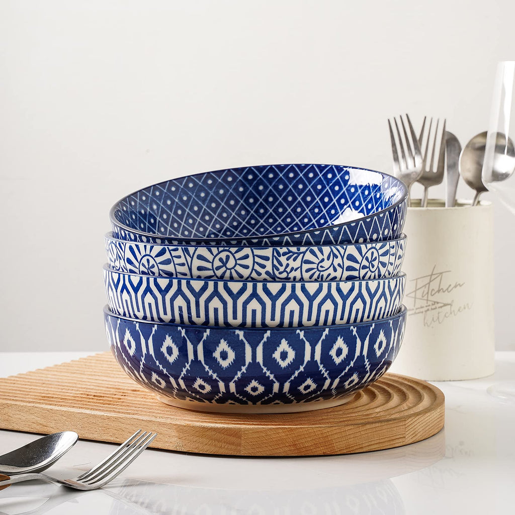 Ceramic Pasta Bowls Set of 4, 30 OZ Vintage Blue F85444