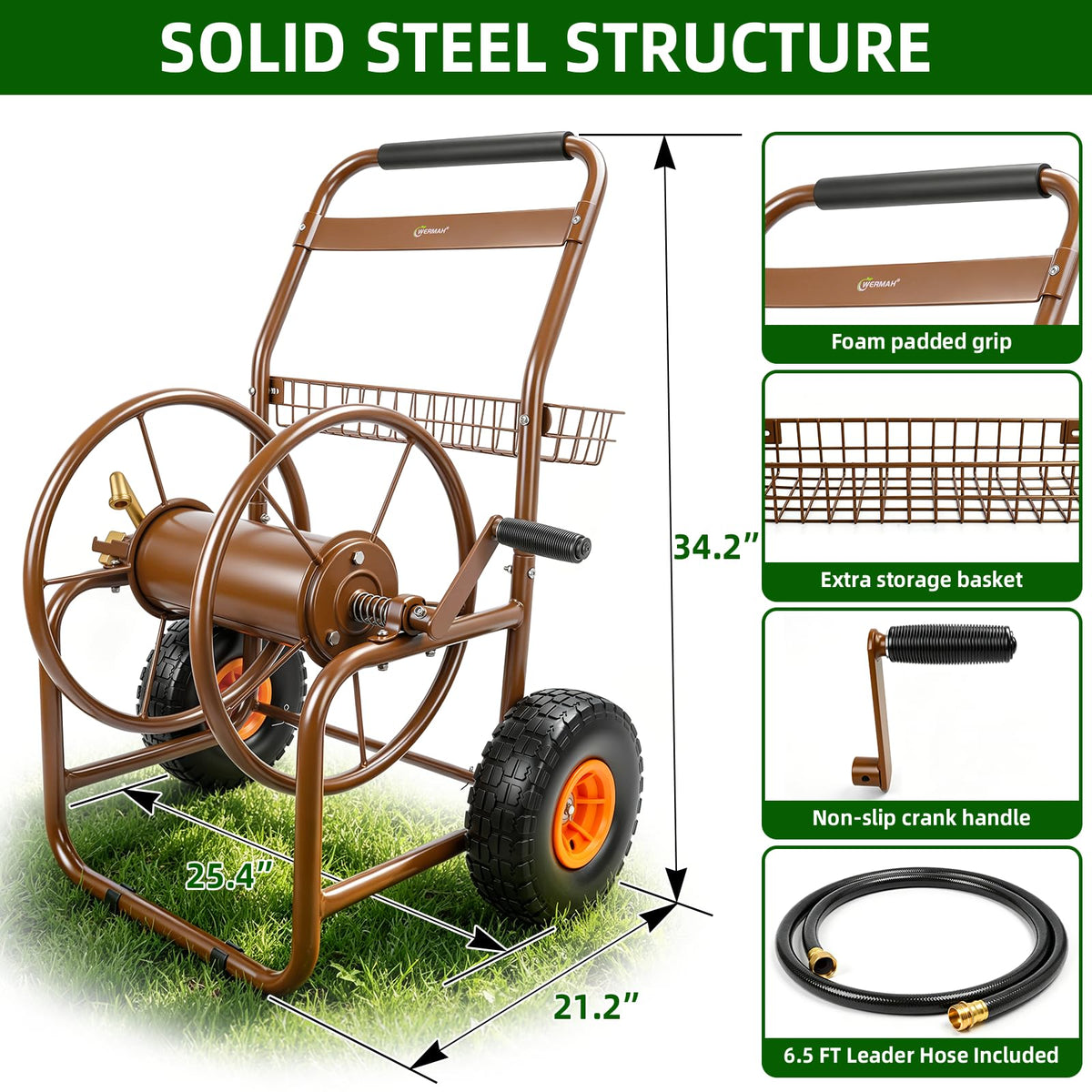 Garden Hose Reel Cart, Heavy Duty Metal with 2 Wheels, Holds 230ft 5/8" E8105