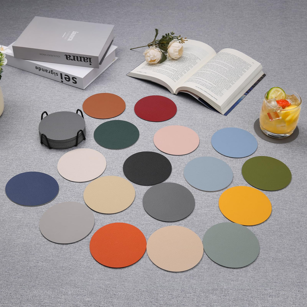 Faux Leather Drink Coasters with Holder, Set of 12 F85358