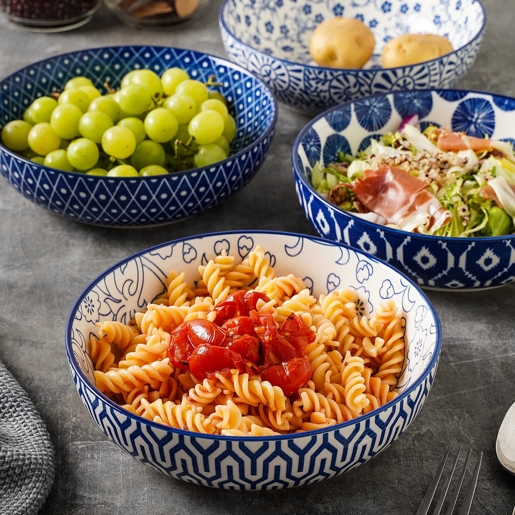 Ceramic Pasta Bowls Set of 4, 30 OZ Vintage Blue F85444