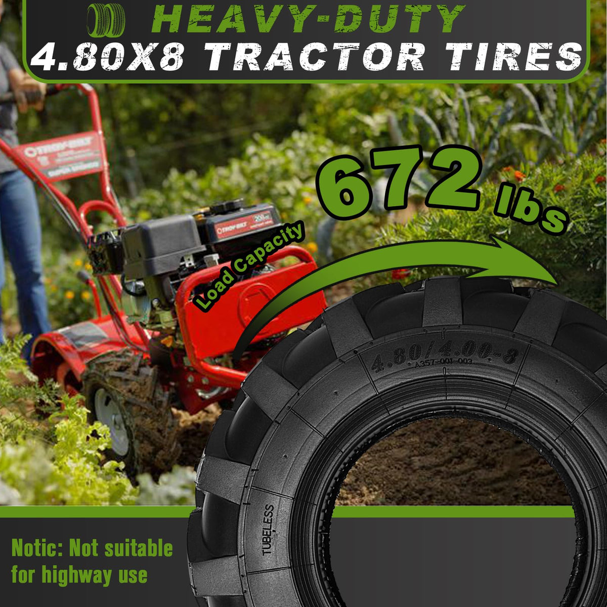 2 PCS 4.80/4.00-8 Tubeless Lawn Garden Tires X876166
