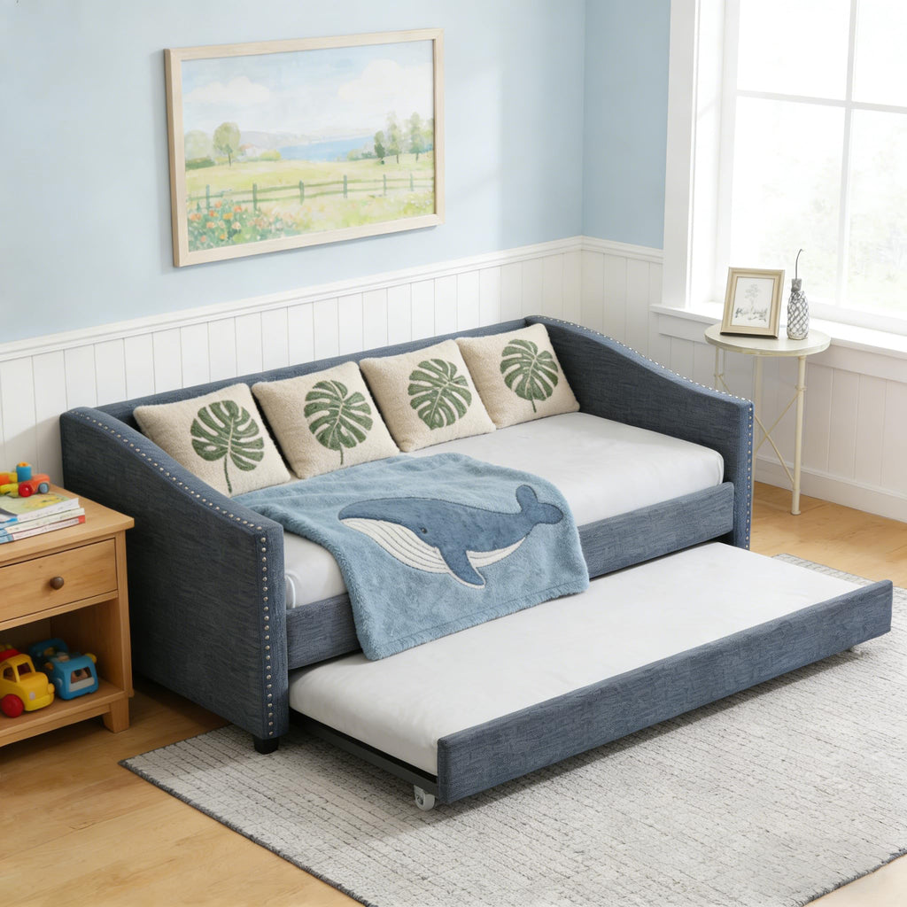 Twin Size Upholstered Daybed Frame with Trundle, Dark Grey F41795