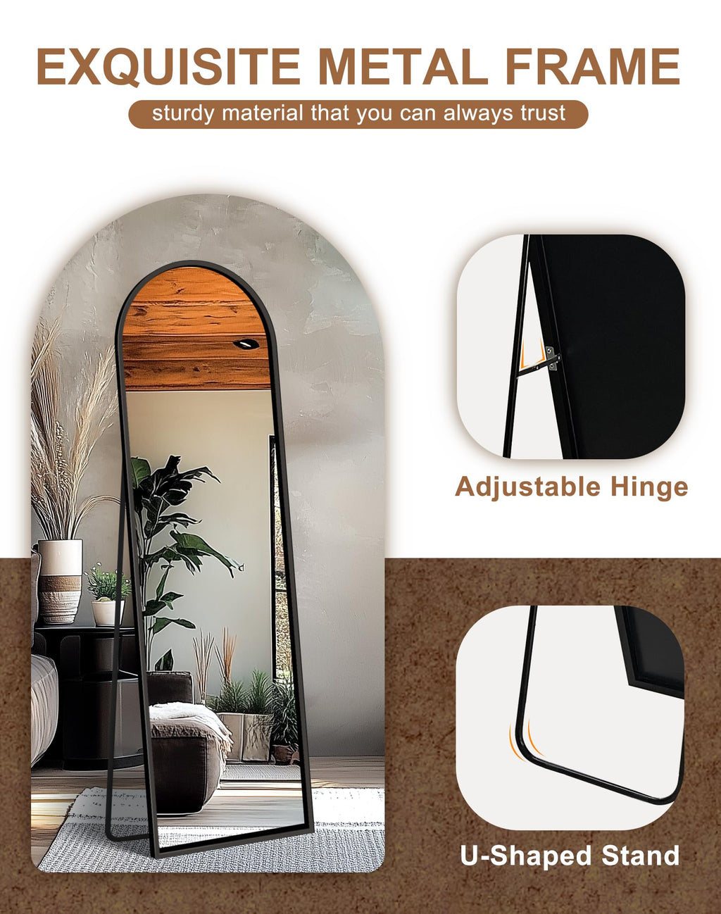 Arched Full Length Black Floor Mirror with Stand J944