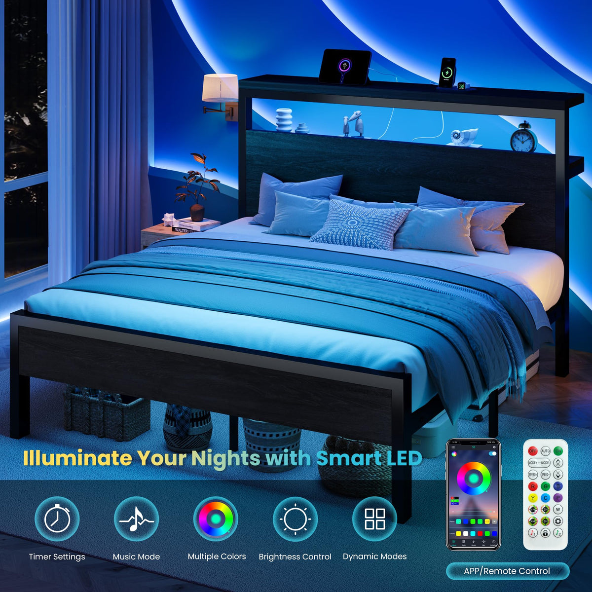 Full Bed Frame with 2-Tier Storage Headboard F570319