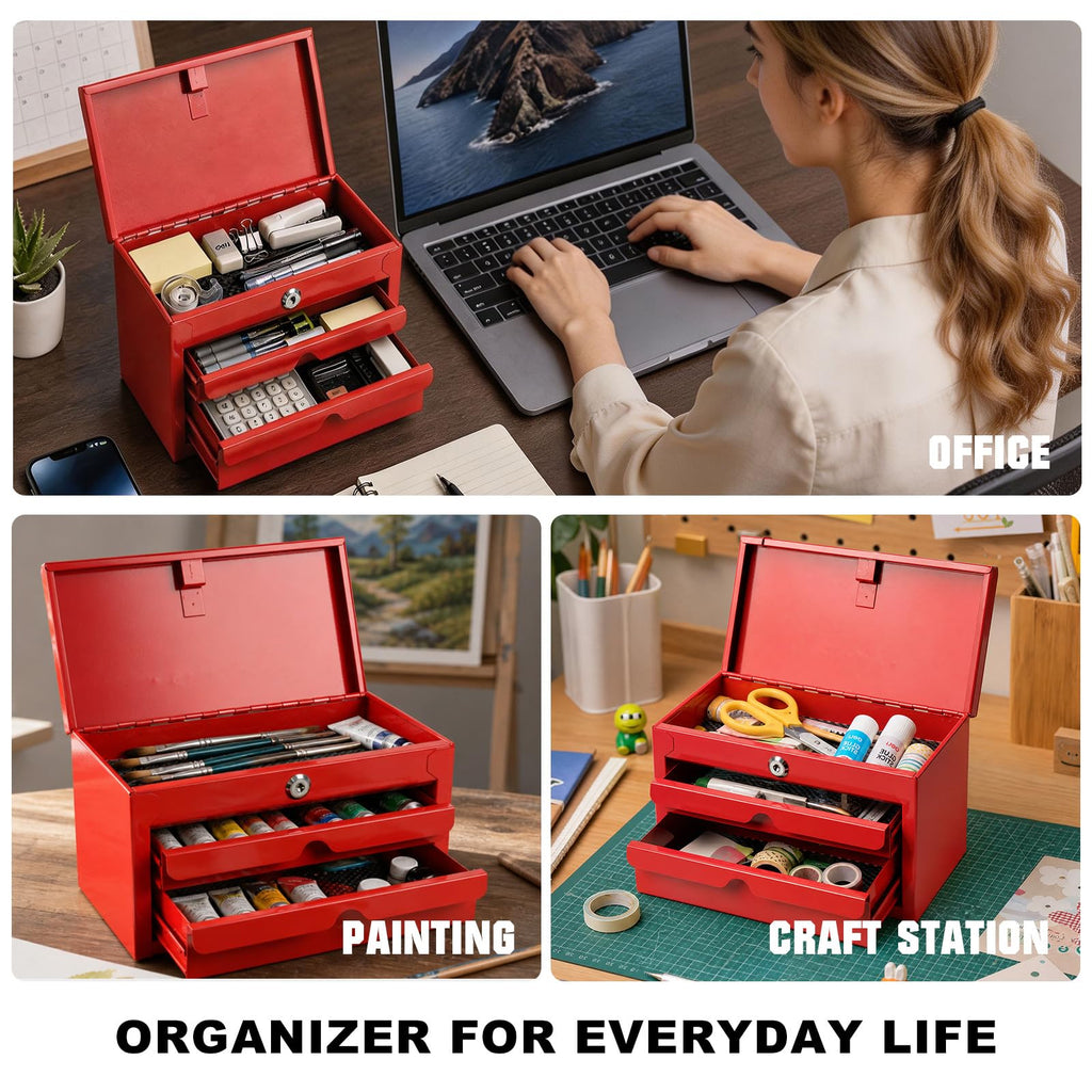 Mini Tool Box with Two Drawers and Lockable Top Storage, Red C4707