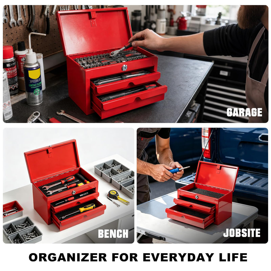 Mini Tool Box with Two Drawers and Lockable Top Storage, Red C4707