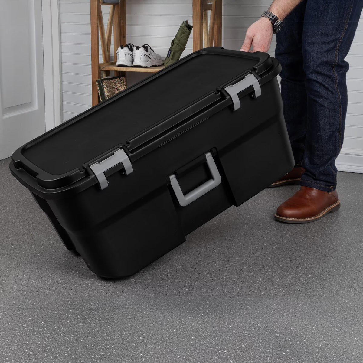 22 Gallon Black Wheeled Plastic Storage Trunk with Lids I894092