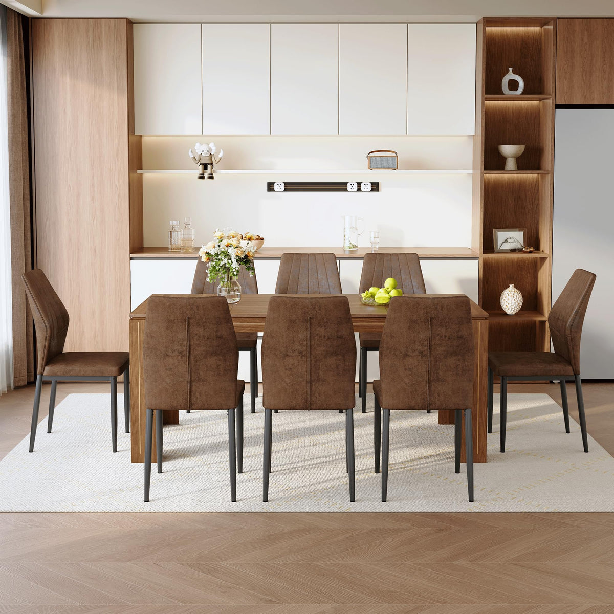 Walnut Dining Table Set with 8 Brown Fabric Chairs I894626