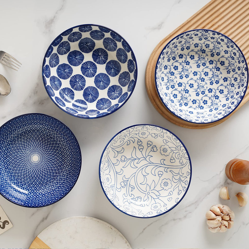 Ceramic Pasta Bowls Set of 4, 30 OZ Vintage Blue F85444
