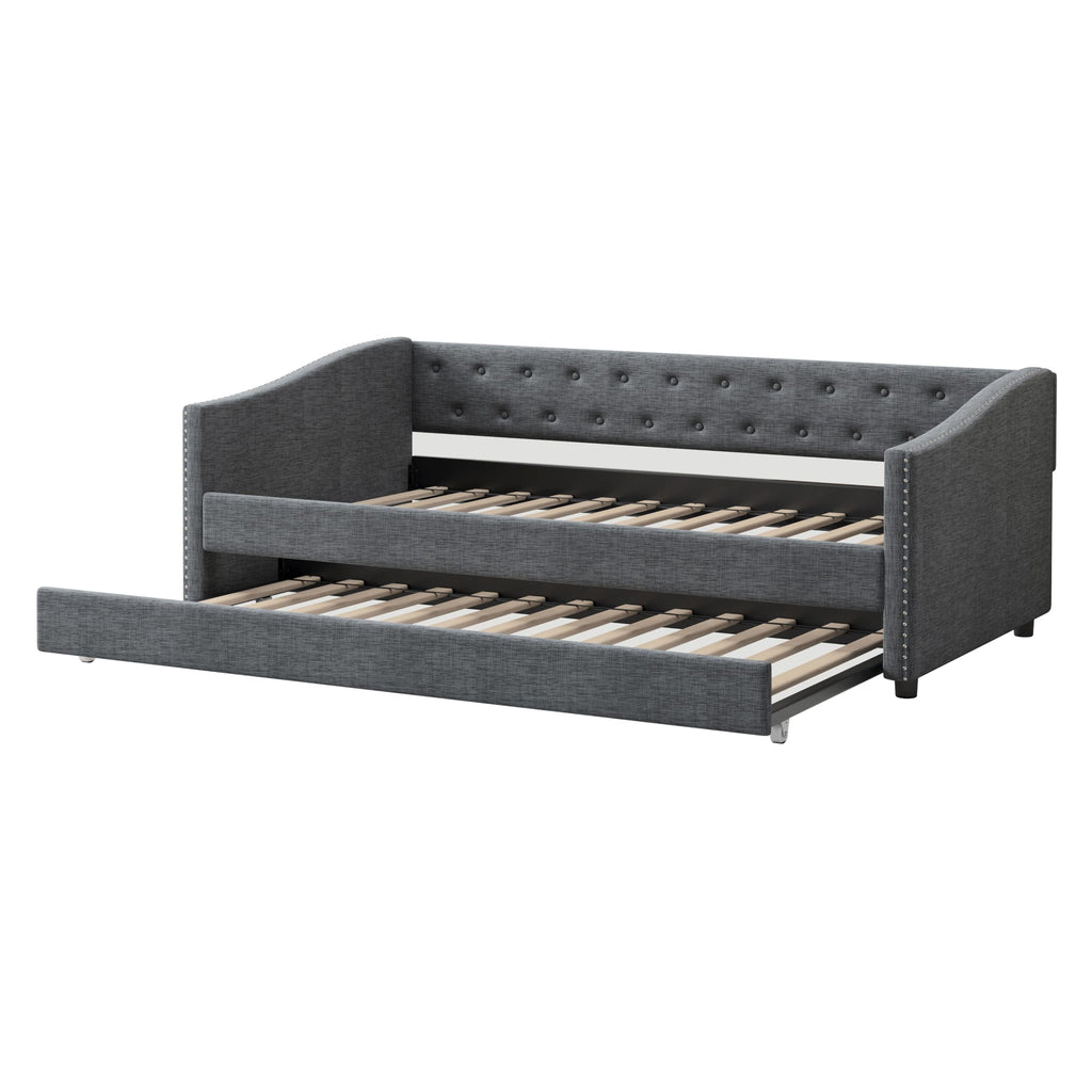 Twin Size Upholstered Daybed Frame with Trundle, Dark Grey F41795