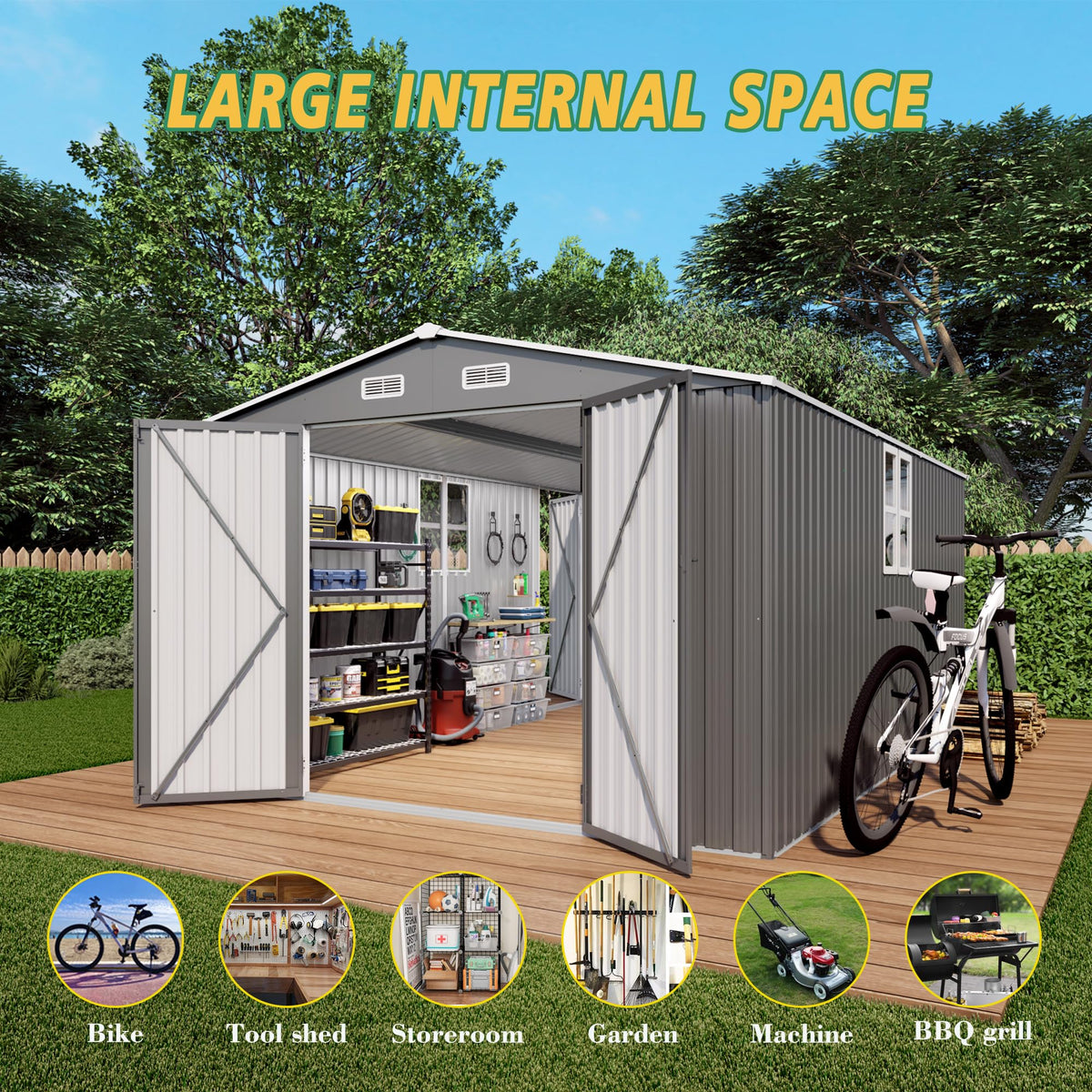 10x14x6.7FT Galvanized Steel Outdoor Storage Shed with Lockable Door & Window T303