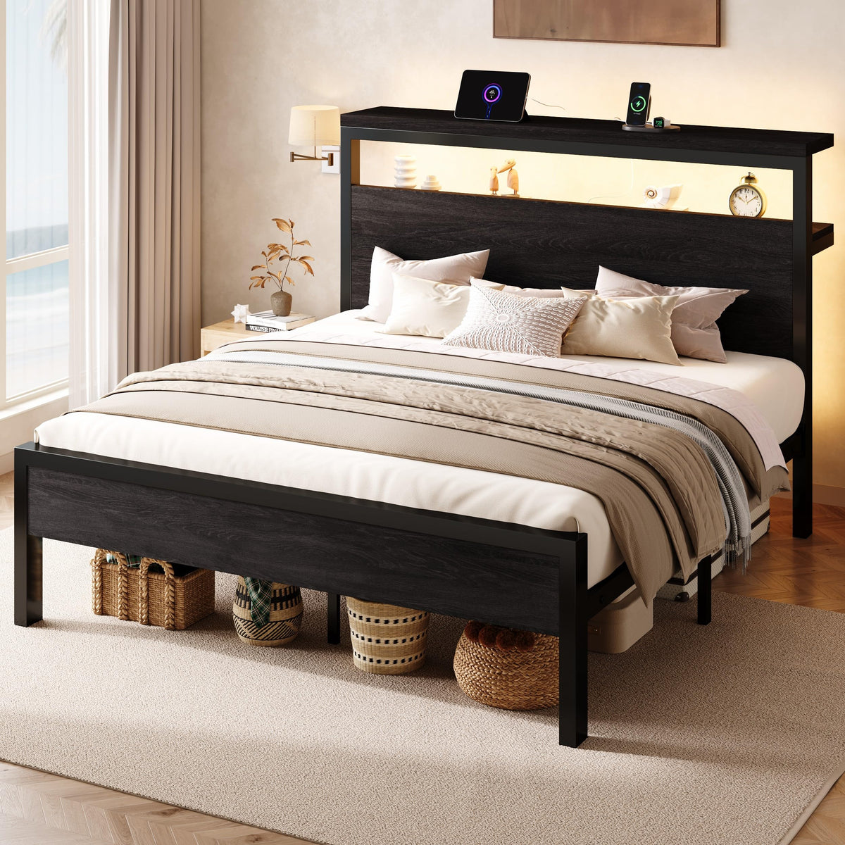 Full Bed Frame with 2-Tier Storage Headboard F570319