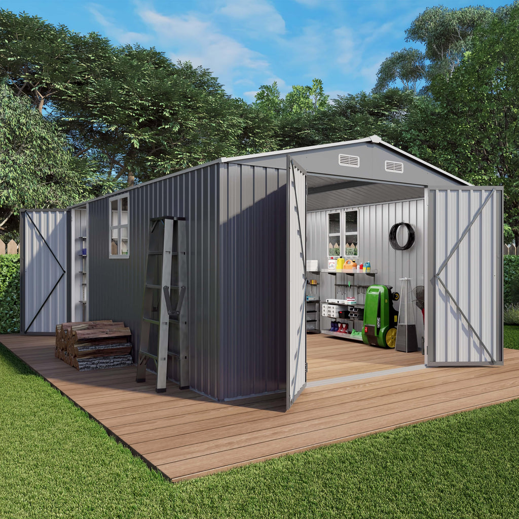 10x14x6.7FT Galvanized Steel Outdoor Storage Shed with Lockable Door & Window T303