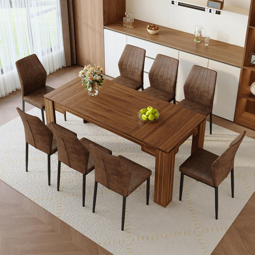 Walnut Dining Table Set with 8 Brown Fabric Chairs I894626