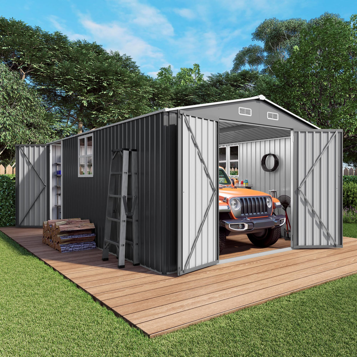 10x14x6.7FT Galvanized Steel Outdoor Storage Shed with Lockable Door & Window T303