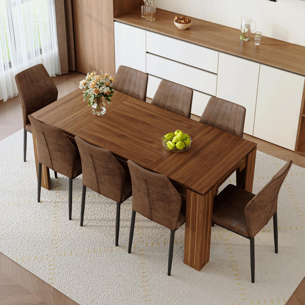 Walnut Dining Table Set with 8 Brown Fabric Chairs I894626