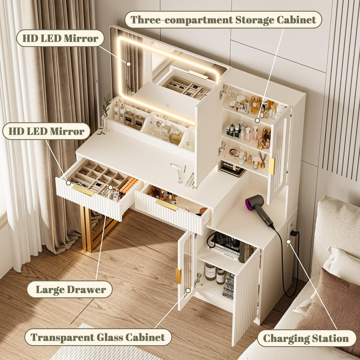 42" Makeup Vanity Desk with Mirror and Lights H1314