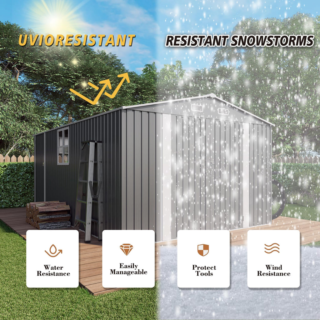10x14x6.7FT Galvanized Steel Outdoor Storage Shed with Lockable Door & Window T303