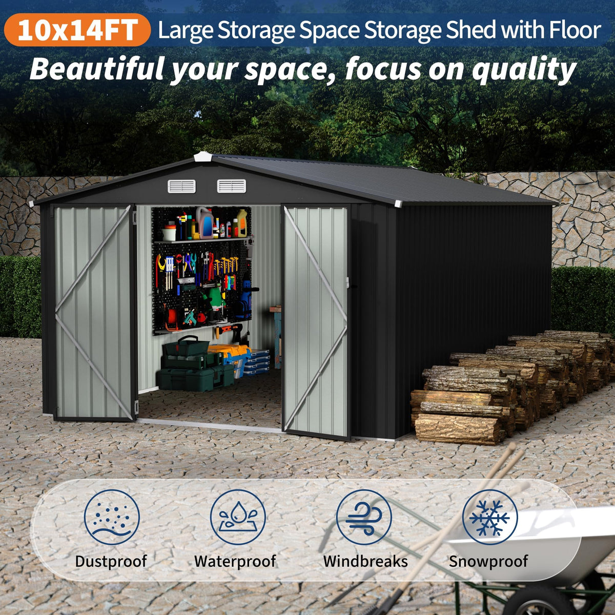 10x14 ft Metal Outdoor Storage Shed J44246