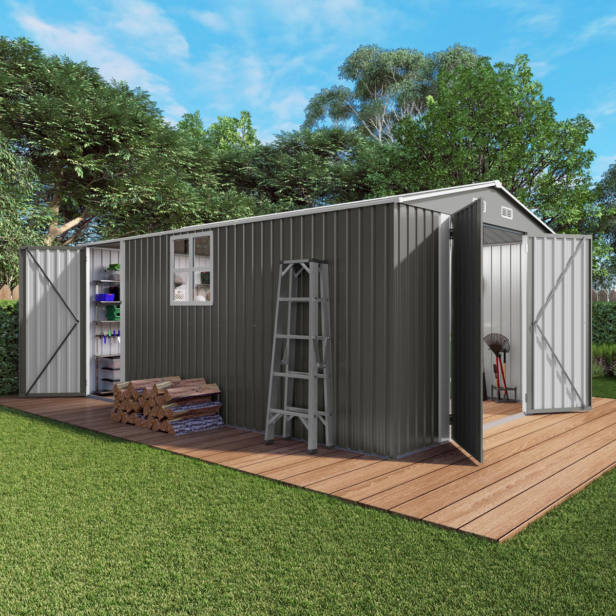 10x14x6.7FT Galvanized Steel Outdoor Storage Shed with Lockable Door & Window T303